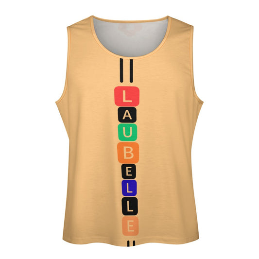 Beige sleeveless top with vertical multicolored blocks spelling "LAUBELLE" in the center.