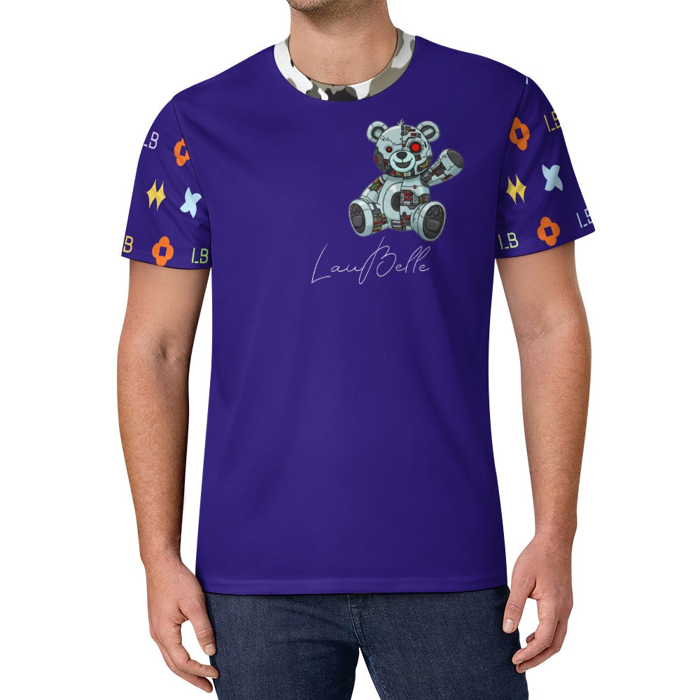 Man in purple T-shirt with cartoon teddy bear and colorful patterned sleeves.
