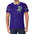 Man in purple T-shirt with cartoon teddy bear and colorful patterned sleeves.