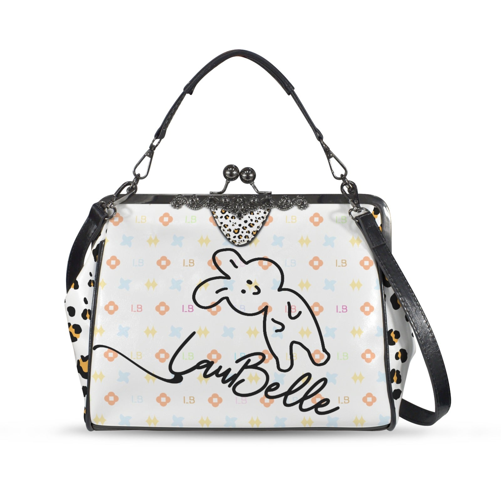 White handbag with a cartoon bunny, colorful patterns, and "LauBelle" text. Black straps and clasp.