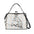 White handbag with a cartoon bunny, colorful patterns, and "LauBelle" text. Black straps and clasp.