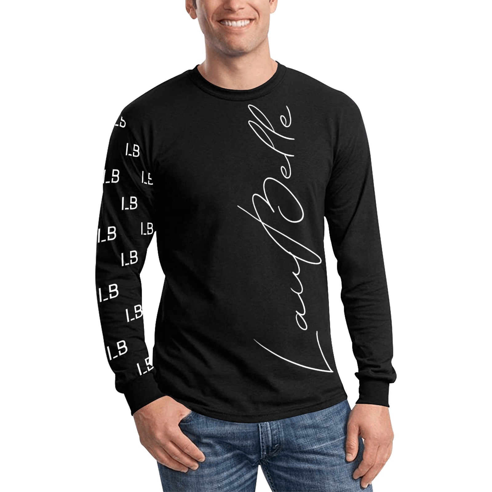 Man in a black long-sleeve shirt with white script on the front and repeated "L.B." on the sleeve.