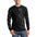Man in a black long-sleeve shirt with white script on the front and repeated "L.B." on the sleeve.