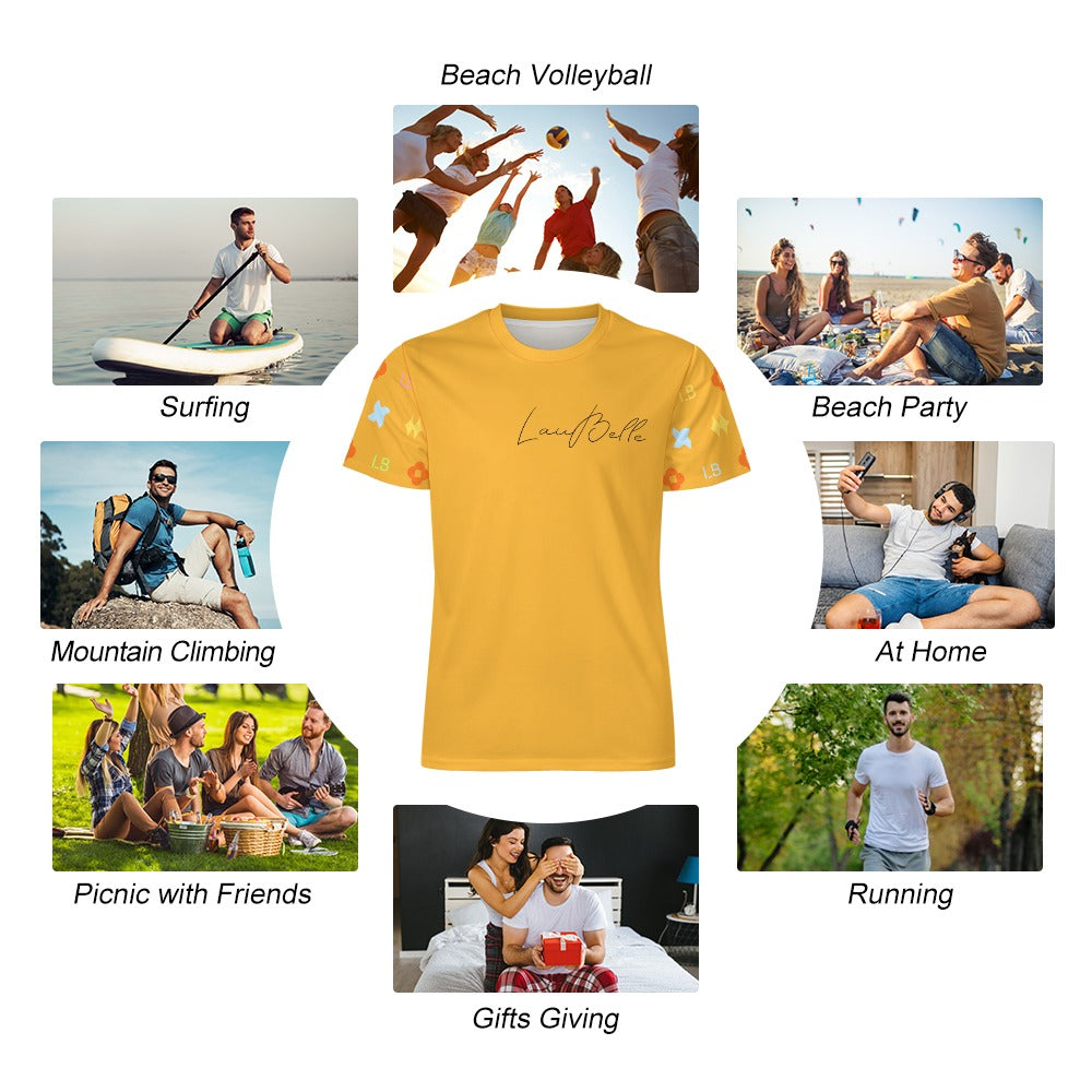 Yellow t-shirt surrounded by photos of people surfing, running, partying and relaxing.