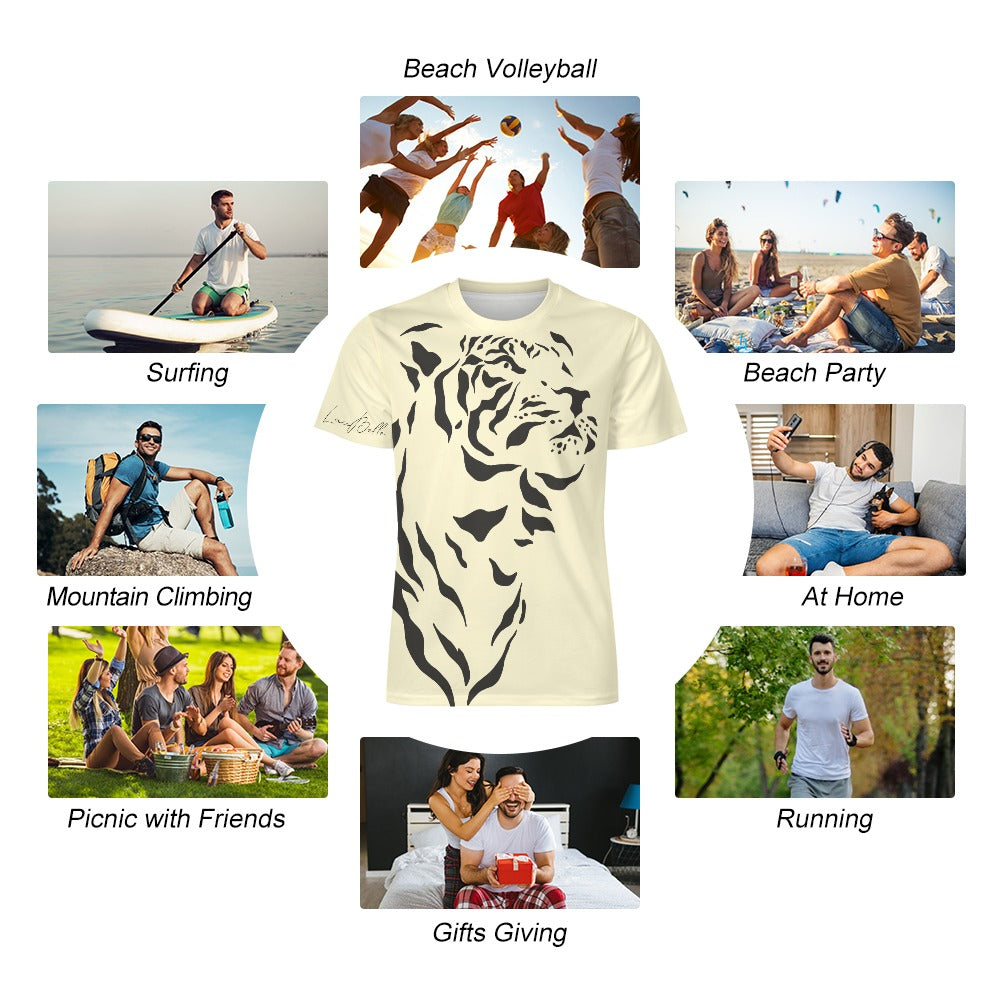 Beige tiger-print T-shirt surrounded by photos of people wearing it in various outdoor activities.