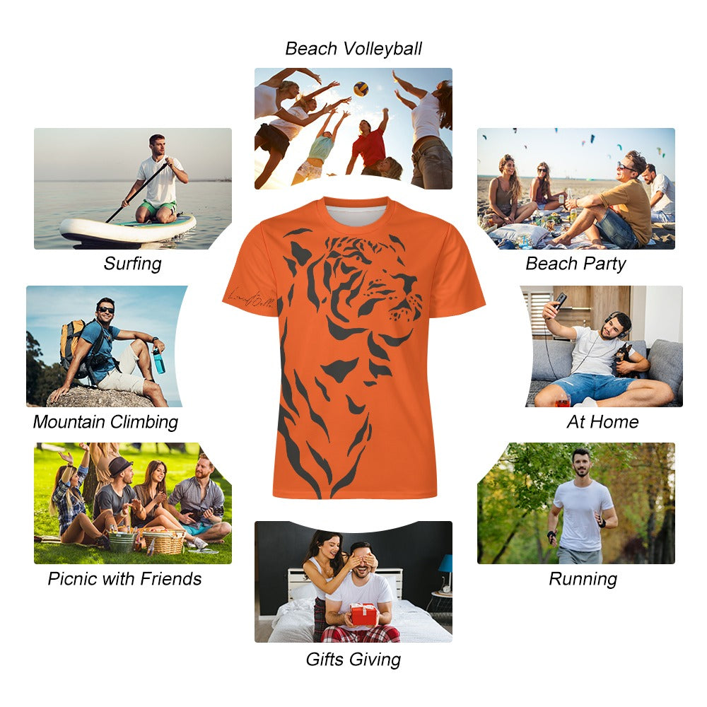 Orange tiger-print T-shirt centered amid photos of people doing various outdoor activities