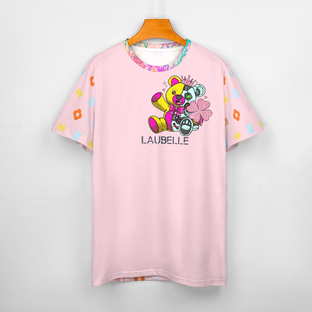 Pink shirt with colorful sleeves, featuring a cartoon bear holding a flower and the text "LAUBELLE."