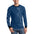 Man in blue long-sleeve shirt with white script text, black cuffs, and jeans, smiling.