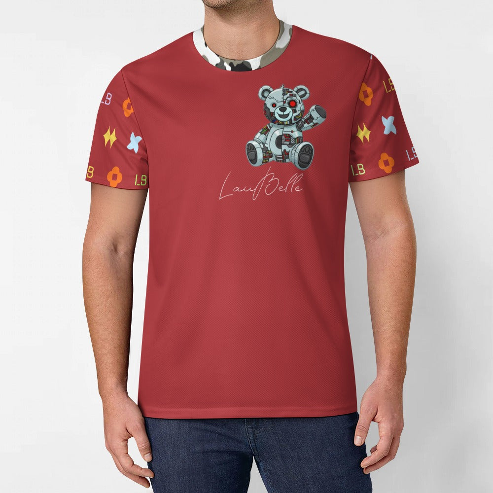 Man wearing red T-shirt with patterned teddy bear graphic and colorful geometric sleeves