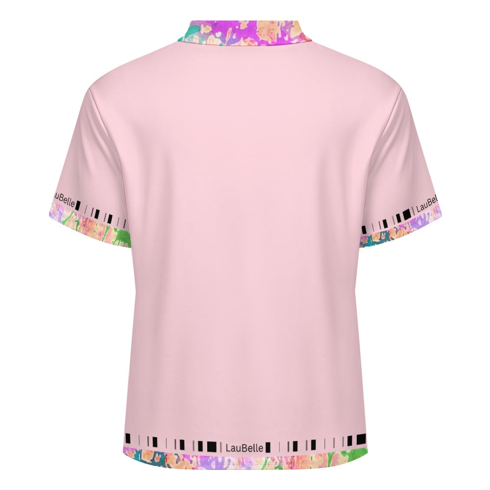 Pink short-sleeve shirt with colorful abstract trim on collar and cuffs, back view.