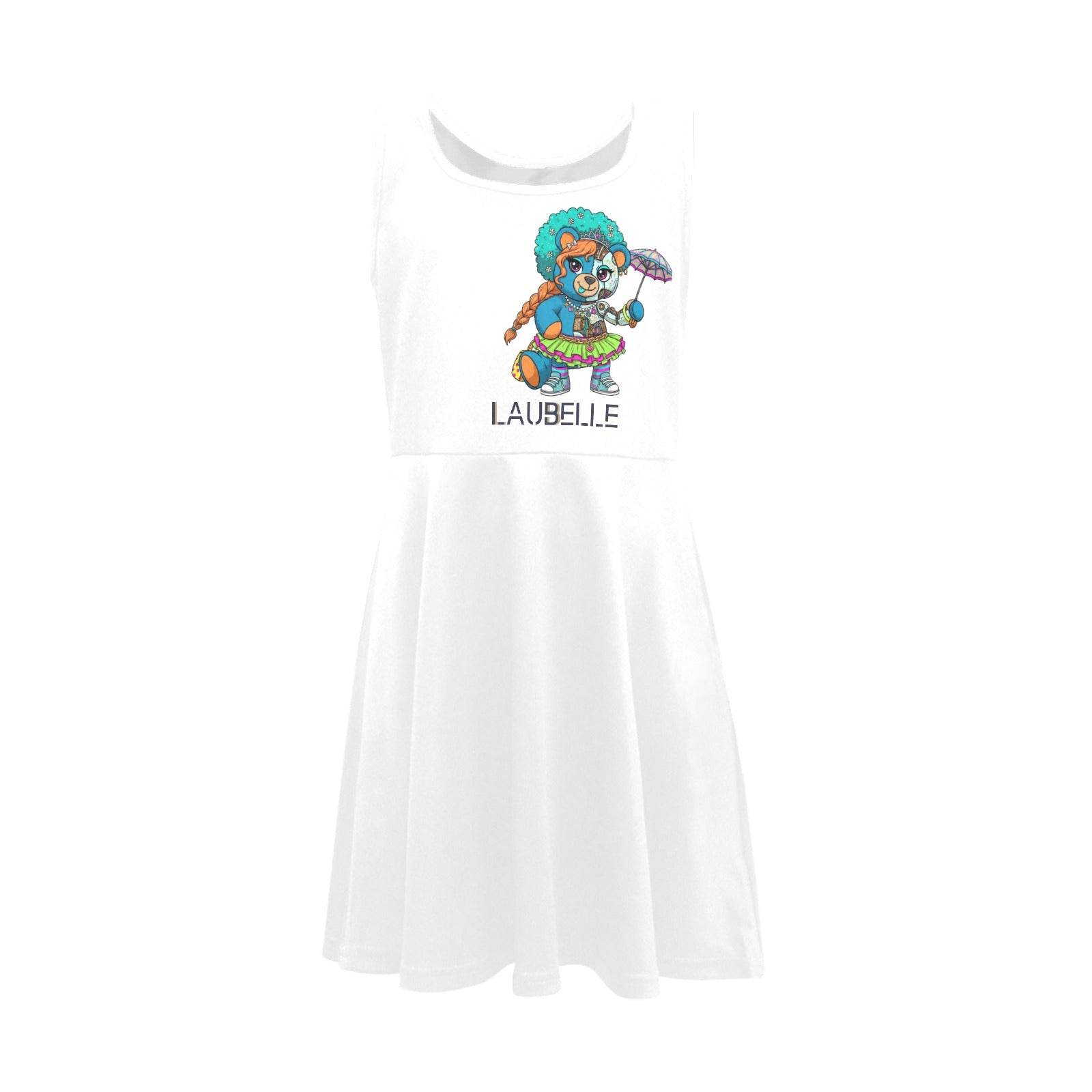 White sleeveless dress with colorful cartoon character and "Laubelle" text on the front.