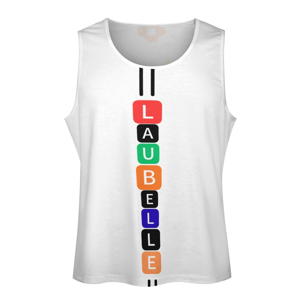 White sleeveless shirt with colorful vertical blocks and letters spelling "LAUBELLE."