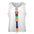 White sleeveless shirt with colorful vertical blocks and letters spelling "LAUBELLE."