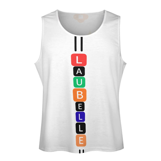 White sleeveless shirt with colorful vertical blocks and letters spelling "LAUBELLE."