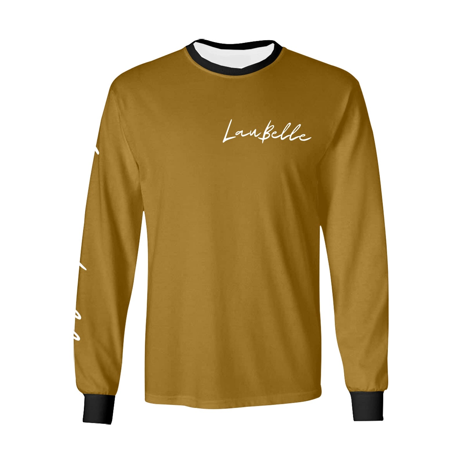 Brown long-sleeve shirt with black cuffs, white text on chest and sleeves, and black neckline.