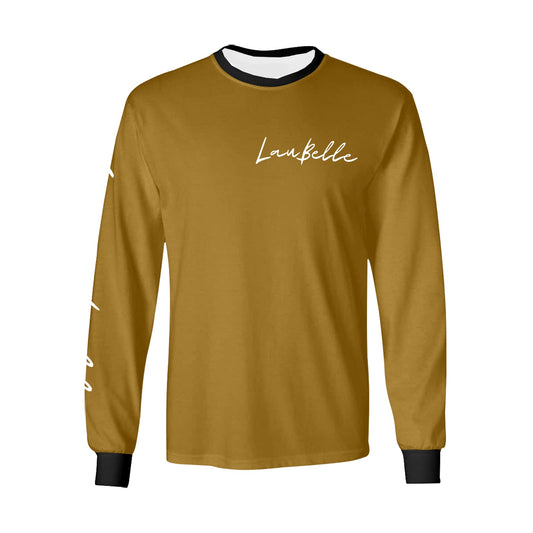 Brown long-sleeve shirt with black cuffs, white text on chest and sleeves, and black neckline.