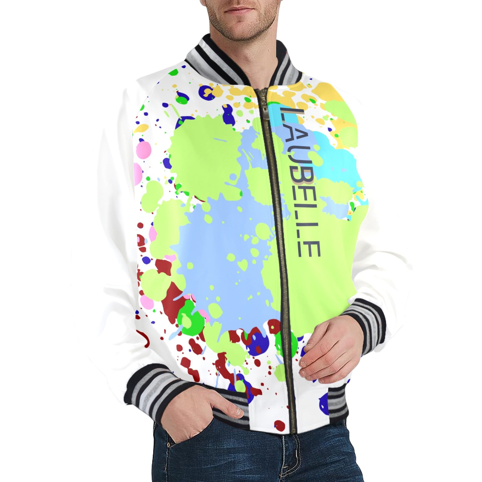 LauBelle Mens Sporty Striped-Trim Metal-Zip Bomber Jacket